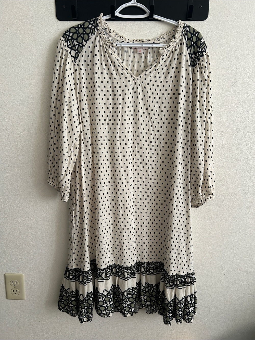 Emily Rose Cream Black Polka Dot Boho Cottagecore Ruffle Hem/Collar Dress:M